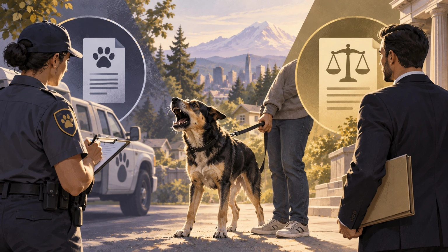 Dog behind a fence paired with Washington government imagery, representing animal-control citations and civil liability.
