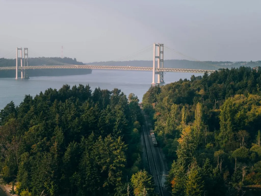 Tacoma Narrows Bridge and forested South Sound landscape