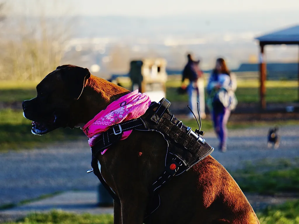 Dog wearing a working harness near a waterfront park.