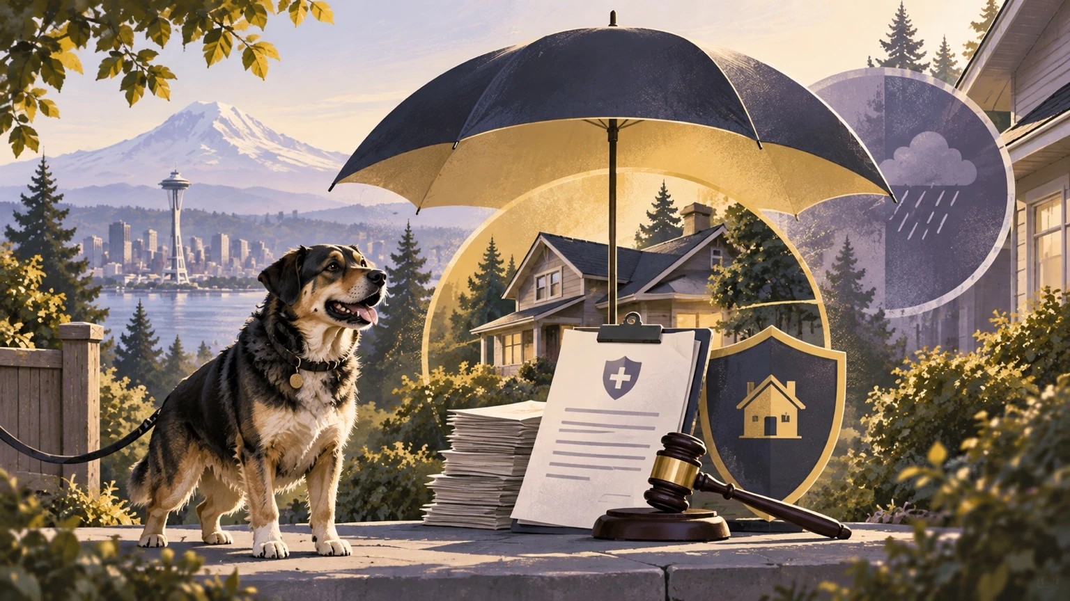 Dog seen through rain-covered glass with an umbrella symbol, representing umbrella insurance after a serious dog bite.