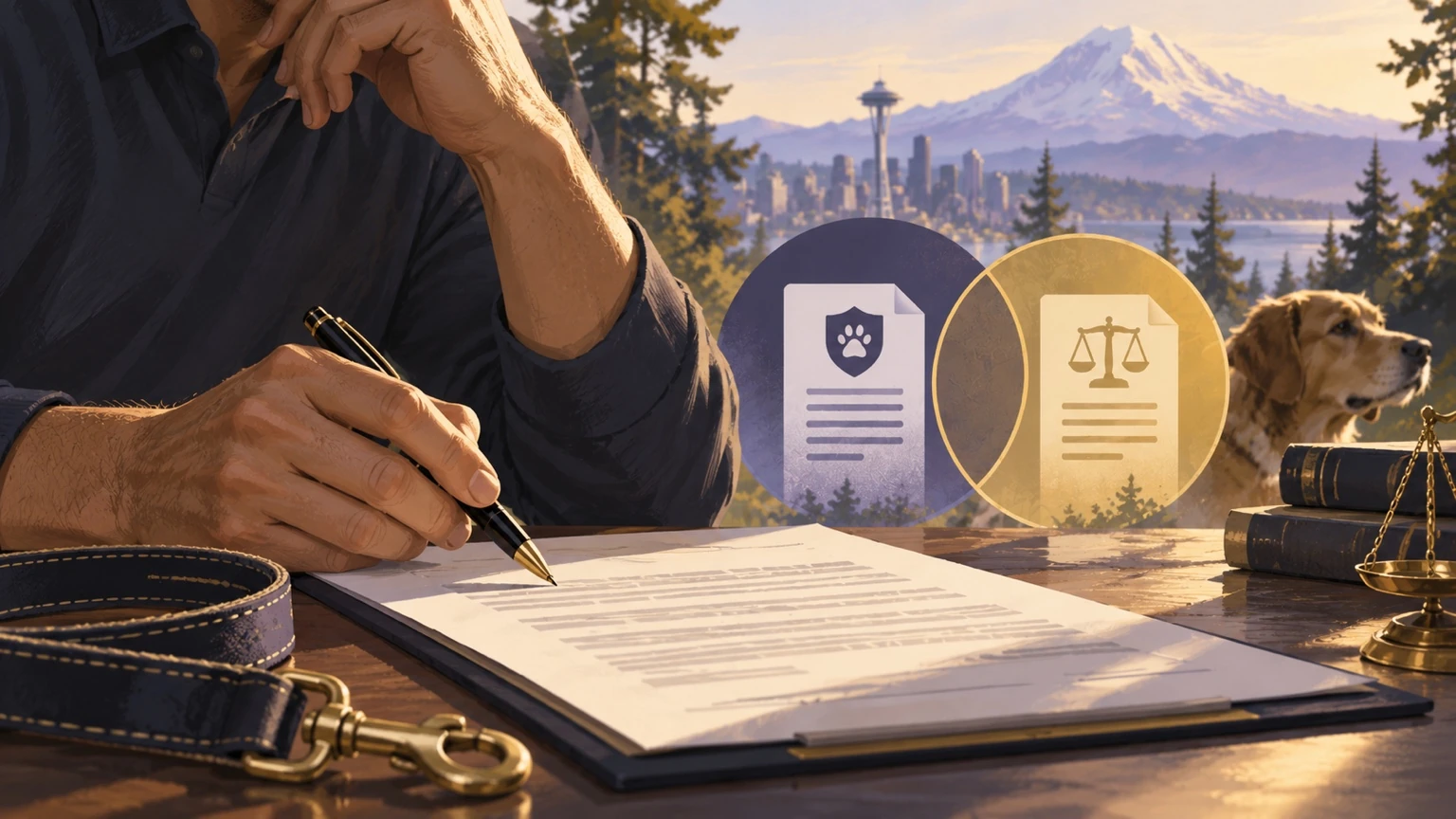 Dog leash beside a settlement release document and signature line.