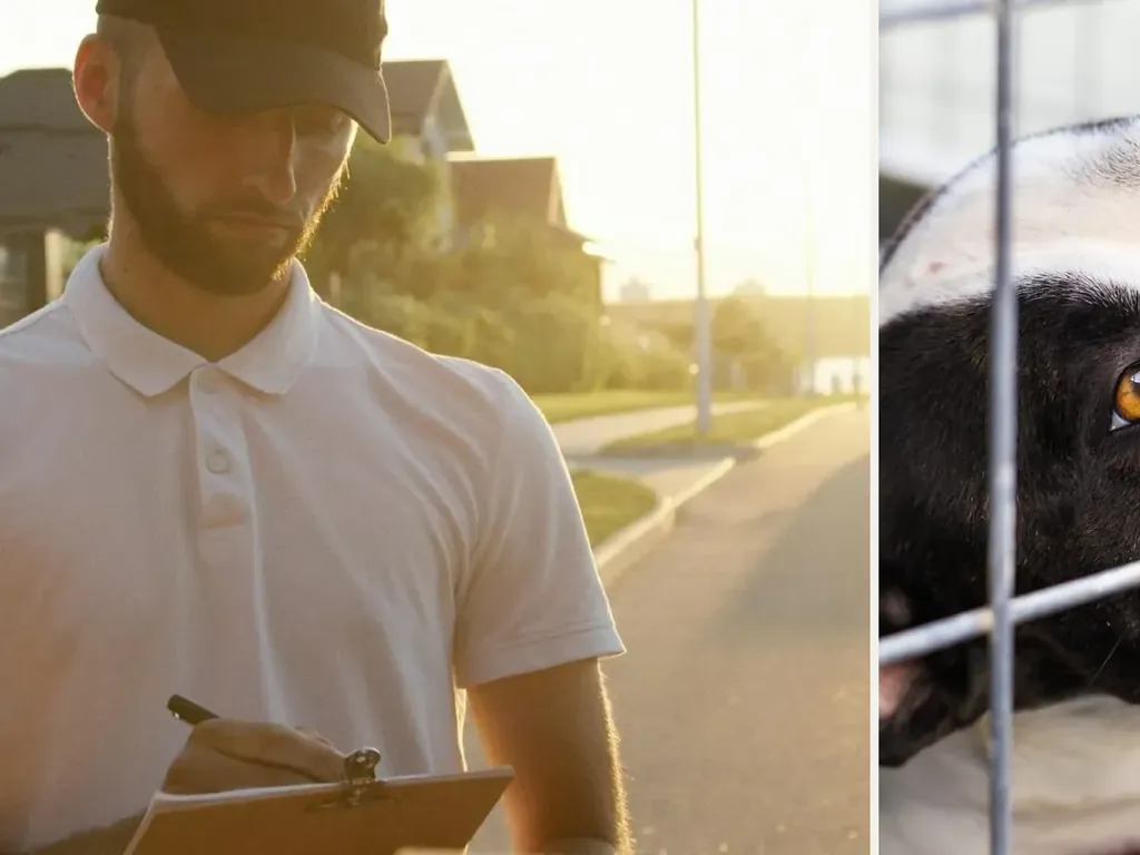 Delivery worker in a residential neighborhood paired with a dog behind a fence, representing an on-the-job dog bite claim.